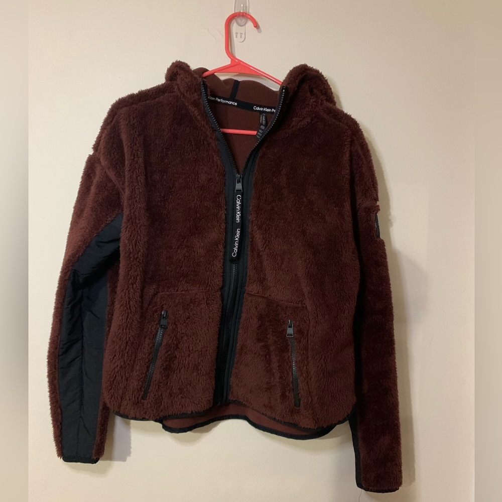 New! Calvin Klein Brown and Black zip up plush sweater. Size small.